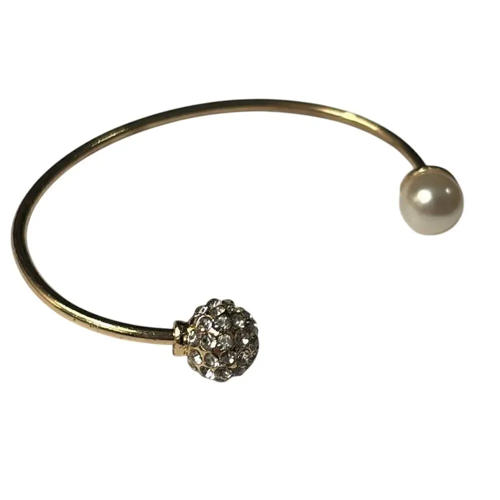 Fashion Gold Tone Faux Pearl and Rhinestone Open End Bangle